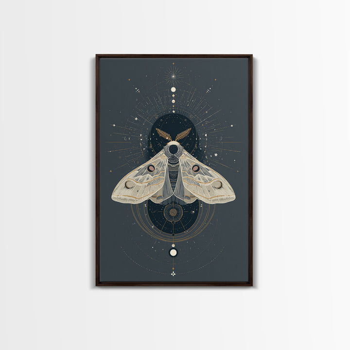 Celestial Moth with Moon Markings Framed Canvas Print, Celestial Art, Living Room Decor, Watercolor Art, Celestial, CEL-2x3-74