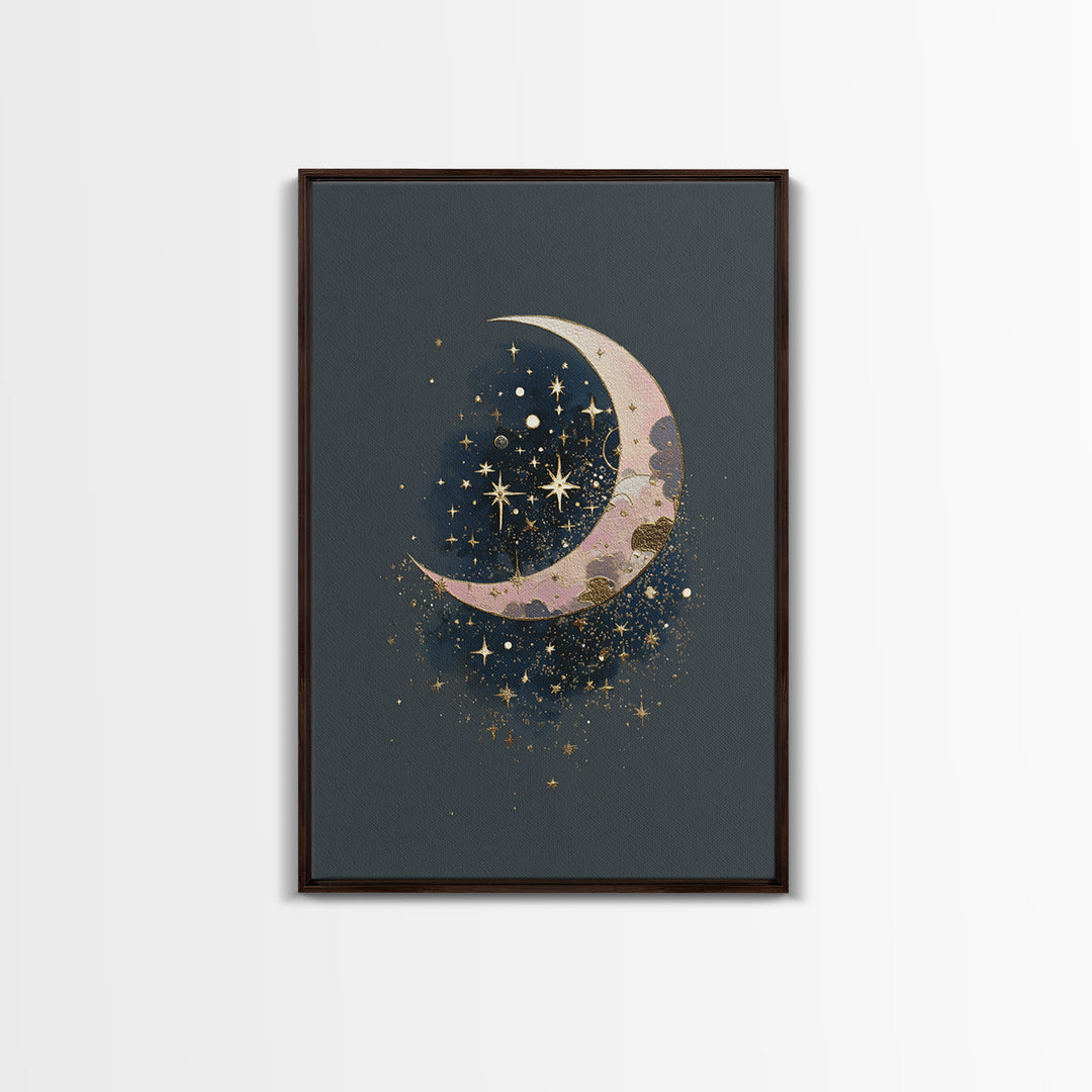 Crescent Moon Cradling a Cluster of Stars Canvas Print, Celestial Art, Art Print, Living Room Decor, Fine Art, Celestial, CEL-2x3-9
