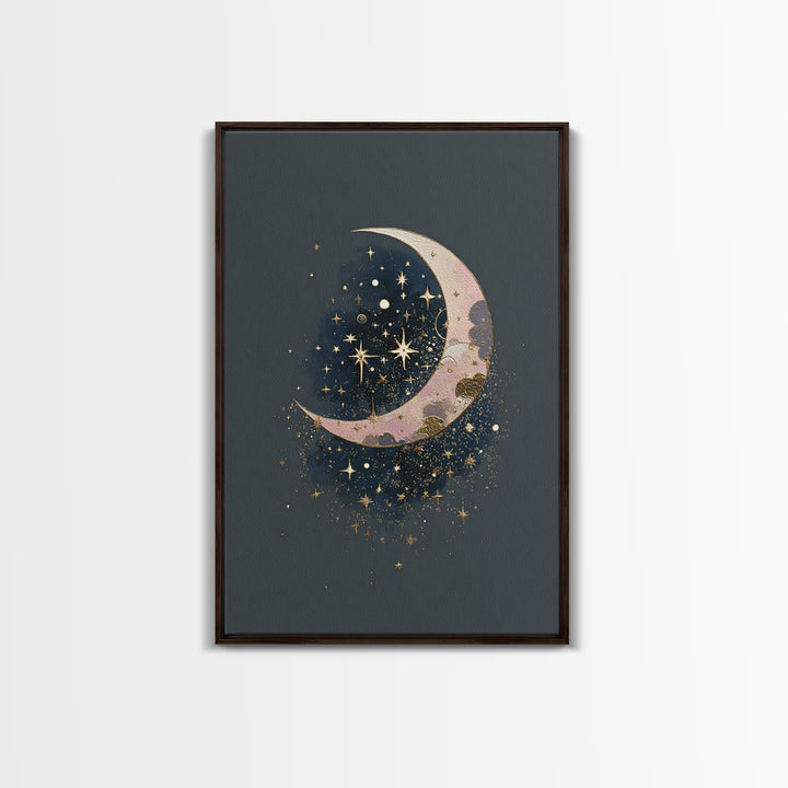 Crescent Moon Cradling a Cluster of Stars Canvas Print, Celestial Art, Art Print, Living Room Decor, Fine Art, Celestial, CEL-2x3-9