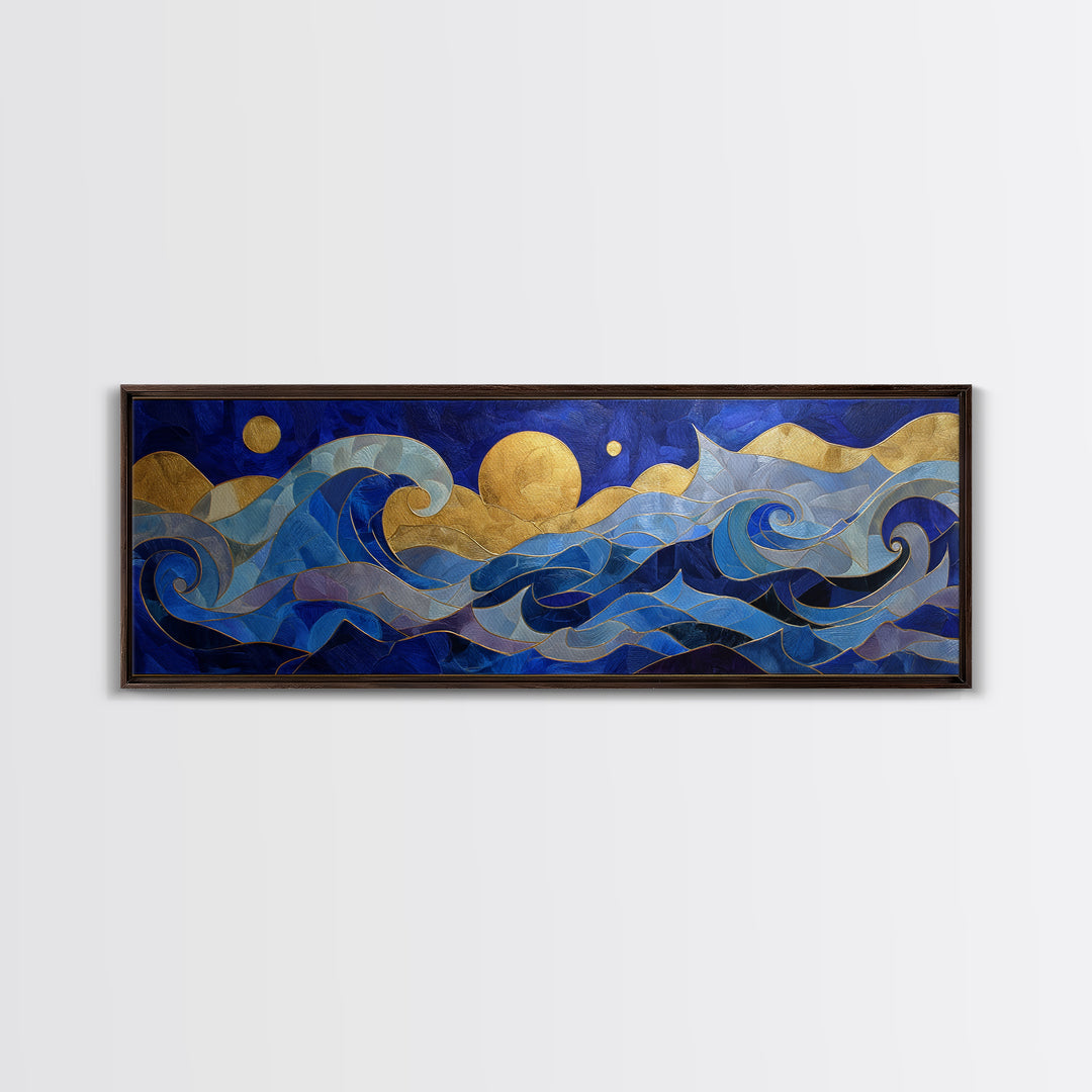 Golden Sun over Abstract Ocean Waves Framed Canvas Print, Celestial Art, Art Nouveau Decor, Living Room Decor, Celestial, CEL-3x1-15