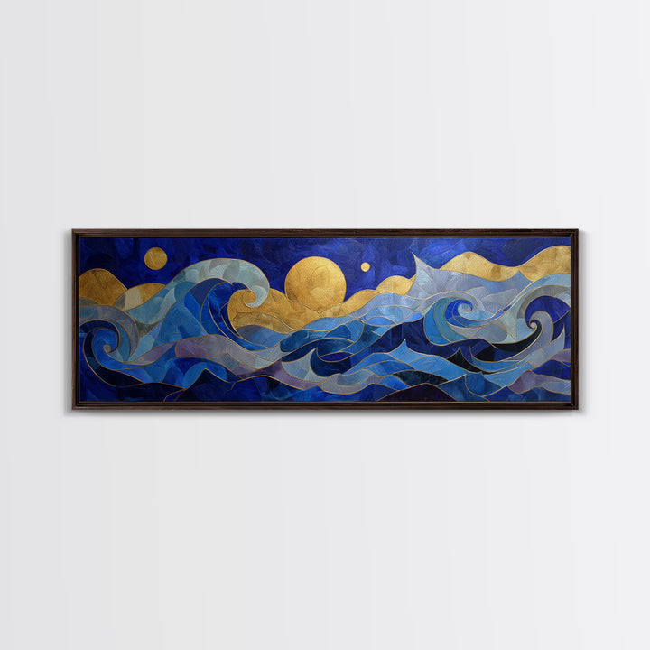 Golden Sun over Abstract Ocean Waves Framed Canvas Print, Celestial Art, Art Nouveau Decor, Living Room Decor, Celestial, CEL-3x1-15