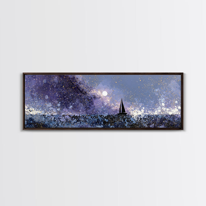 Tiny Sailboat Beneath a Huge Moon Canvas Print, Celestial Art, Statement Artwork, Living Room Decor, Fine Art, Celestial, CEL-3x1-35