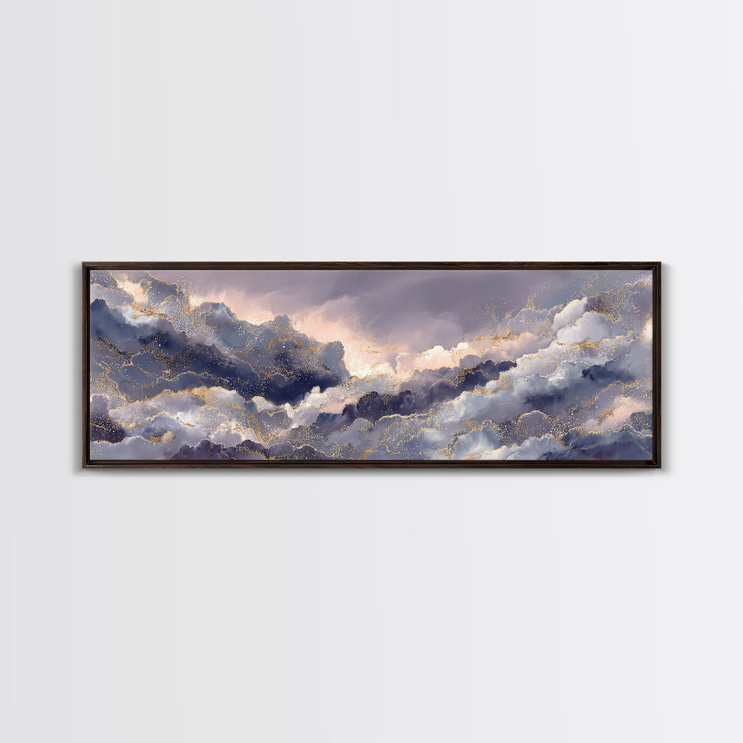 Moonlit Cloudscape with Silver Highlights Canvas Print, Celestial Art, Watercolor Painting, Living Room Decor, Abstract Art, CEL-3x1-49