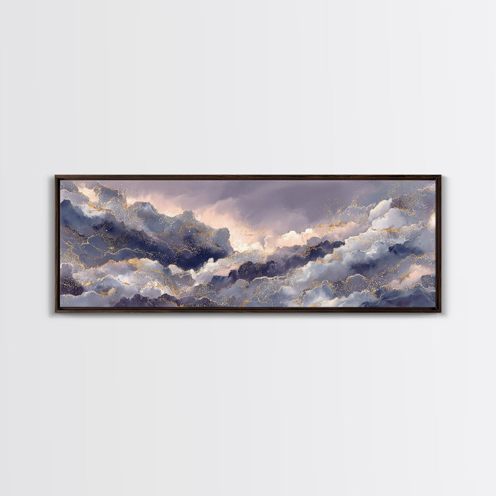 Moonlit Cloudscape with Silver Highlights Canvas Print, Celestial Art, Watercolor Painting, Living Room Decor, Abstract Art, CEL-3x1-49