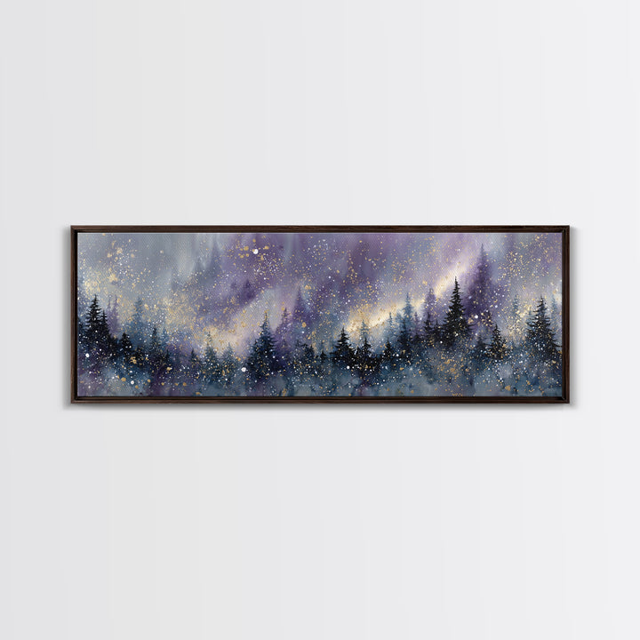 Aurora Borealis over Snowy Pines Framed Canvas Print, Celestial Art, Retro Wall Art, Living Room Decor, Fine Art, Celestial, CEL-3x1-57