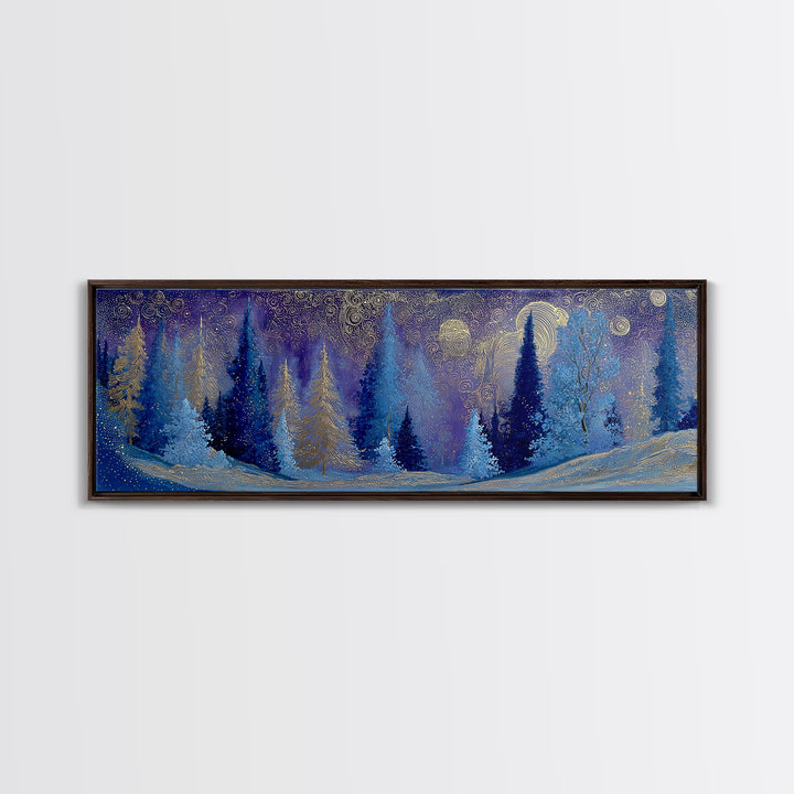 Aurora Borealis over Snowy Pines Framed Canvas Print, Celestial Art, Retro Wall Art, Living Room Decor, Fine Art, Celestial, CEL-3x1-81