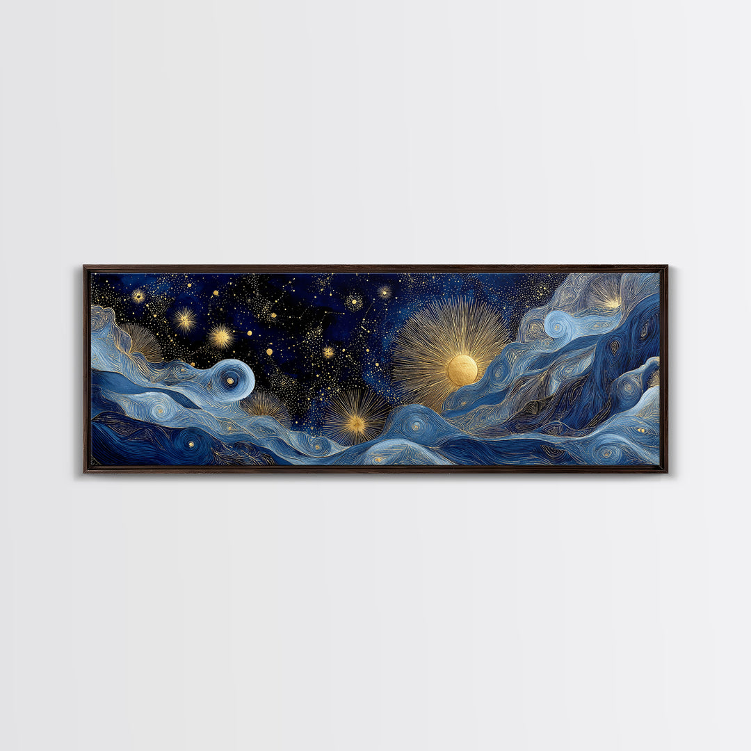 Golden Sun over Abstract Ocean Waves Framed Canvas Print, Celestial Art, Digital Art, Living Room Decor, Watercolor Art, CEL-3x1-87