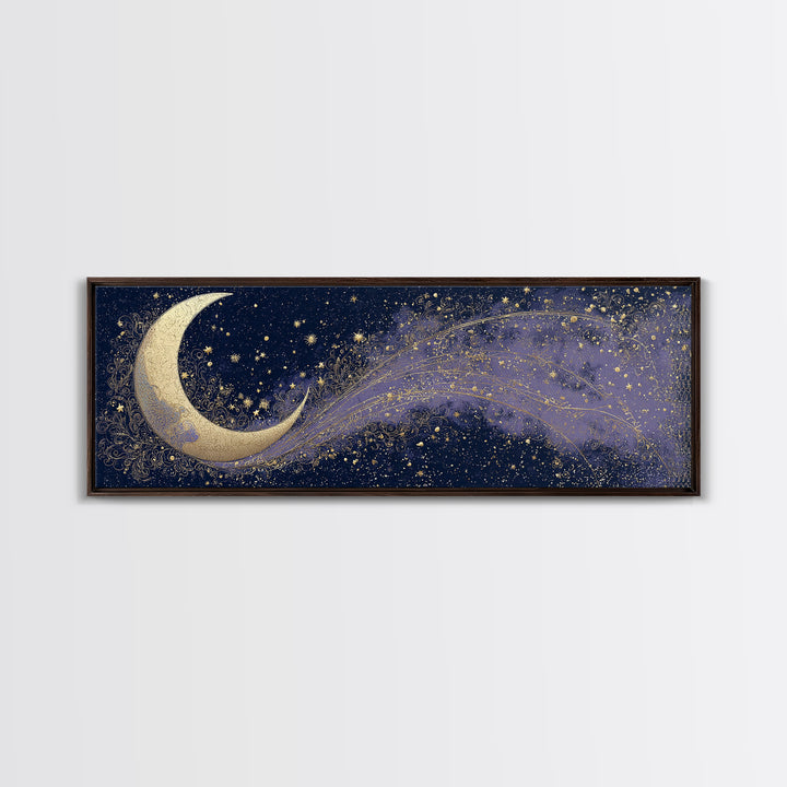 Crescent Moon Cradling a Cluster of Stars Canvas Print, Celestial Art, Digital Download Art, Living Room Decor, Celestial, CEL-3x1-89