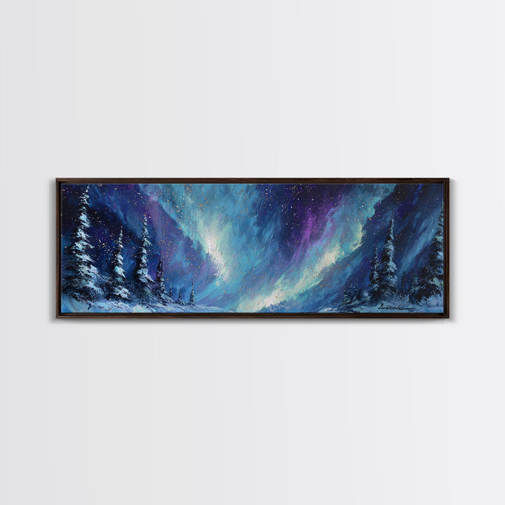 Aurora Borealis over Snowy Pines Framed Canvas Print, Celestial Art, Digital Art, Living Room Decor, Fine Art, Celestial, CEL-3x1-9