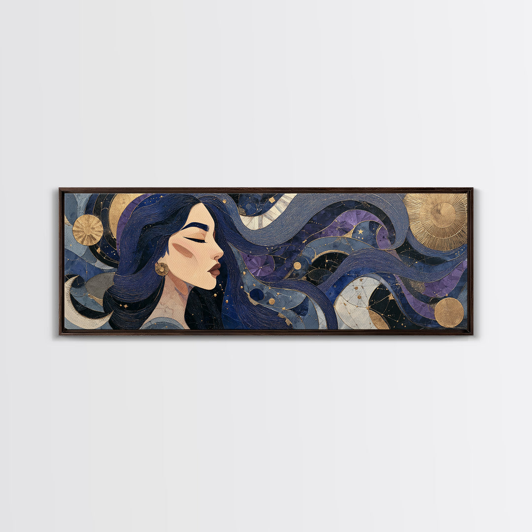 Celestial Goddess with Flowing Midnight Hair Canvas Print, Celestial Art, Gallery Decor, Living Room Decor, Fine Art, Celestial, CEL-3x1-95