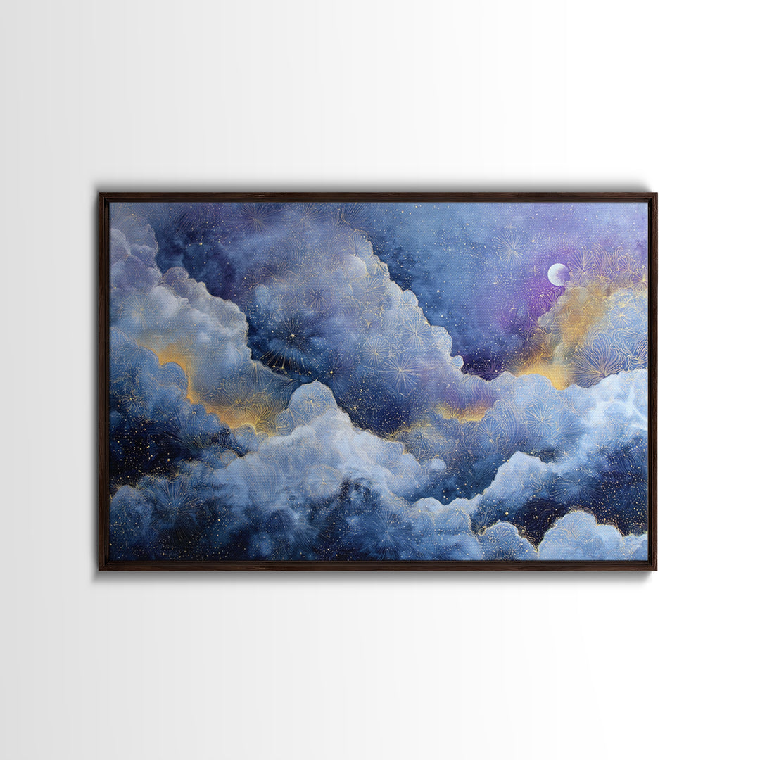 Moonlit Cloudscape with Silver Highlights Canvas Print, Celestial Art, Printable Art, Living Room Decor, Celestial, CEL-3x2-13
