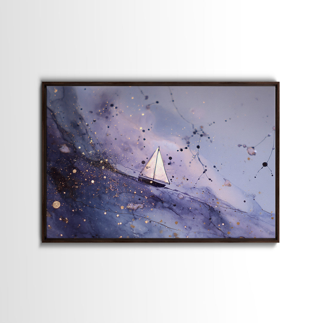 Tiny Sailboat Beneath a Huge Moon Framed Canvas Print, Celestial Art, Digital Print, Living Room Decor, Fine Art, Celestial, CEL-3x2-23