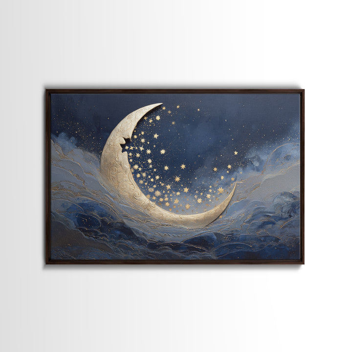 Crescent Moon Cradling a Cluster of Stars Canvas Print, Celestial Art, Modern Art, Living Room Decor, Fine Art, Celestial, CEL-3x2-29