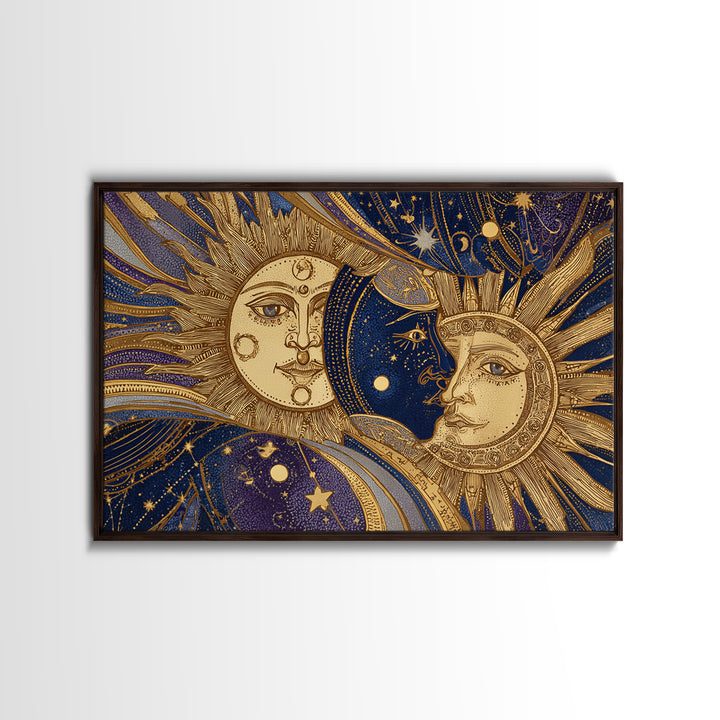 Sun and Moon Faces Canvas Print, Celestial Art, Boho Wall Art, Living Room Decor, Fine Art, Celestial, Boho Home Decor, CEL-3x2-54