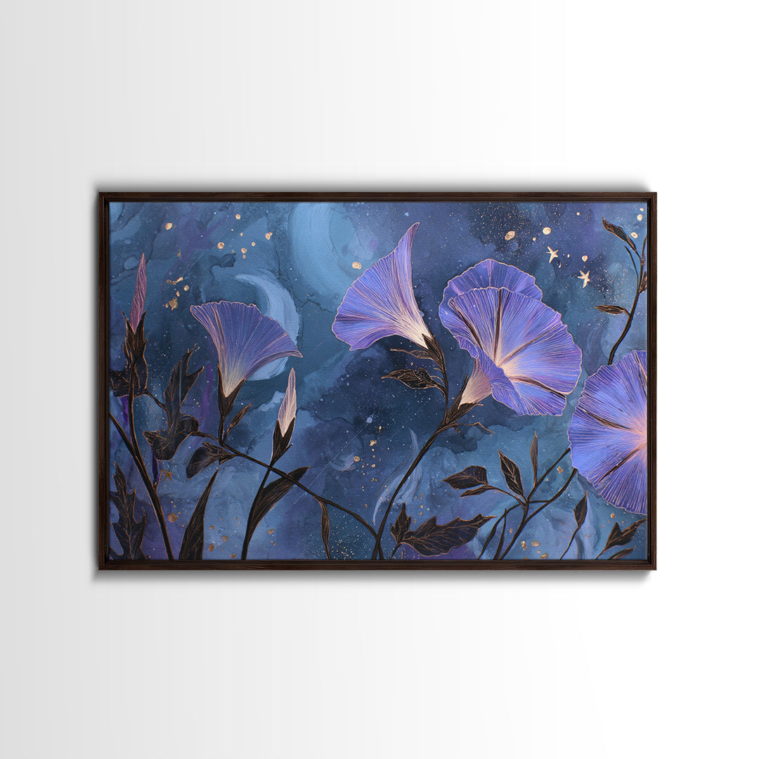 Moon Garden with Night Blooming Flowers Canvas Print, Celestial Art, Mushroom Decor, Living Room Decor, Oil Painting, Celestial, CEL-3x2-73