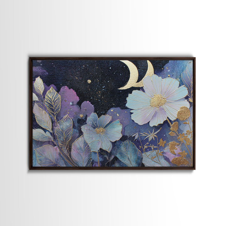 Lunar Phase Arc Above Delicate Botanicals Framed Canvas Print, Celestial Art, Art Prints, Living Room Decor, Celestial, CEL-3x2-8