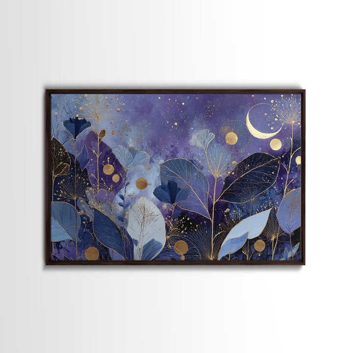 Lunar Phase Arc Above Delicate Botanicals Framed Canvas Print, Celestial Art, Art Nouveau Decor, Living Room Decor, Celestial, CEL-3x2-80