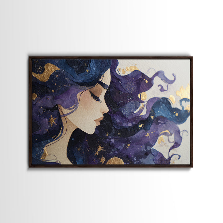 Celestial Goddess with Flowing Midnight Hair Canvas Print, Celestial Art, Neutral Decor, Living Room Decor, Fine Art, Celestial, CEL-3x2-83
