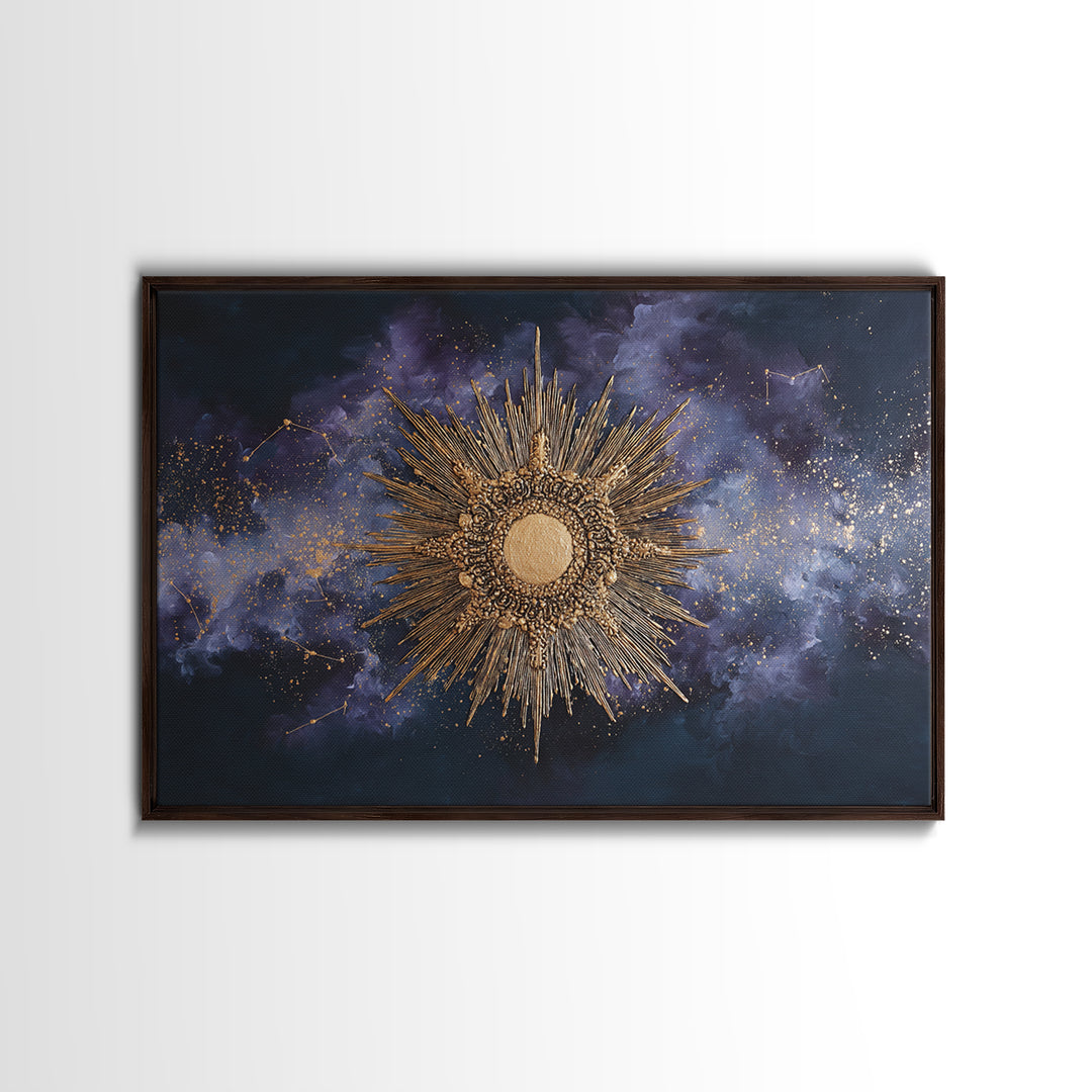 Sunburst Medallion with Ornate Rays Canvas Print, Celestial Art, Whimsical Art, Living Room Decor, Oil Painting, Celestial, CEL-3x2-89
