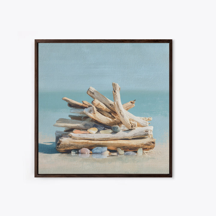 Driftwood and Sea Glass Still Life Canvas Print, Coastal Art, Ocean Wall Art, Coastal Decor, Watercolor Art, Coastal, COA-1x1-55