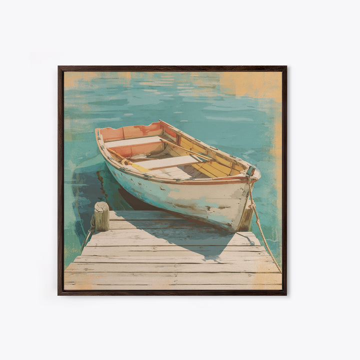 Small Rowboat Tied to a Wooden Dock Framed Canvas Print, Coastal Art, Gallery Decor, Coastal Decor, Fine Art, Coastal, COA-1x1-67