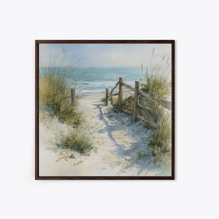 Soft Watercolor Dune Fence Scene Framed Canvas Print, Coastal Art, Textured Painting, Coastal Decor, Fine Art, Coastal, COA-1x1-88