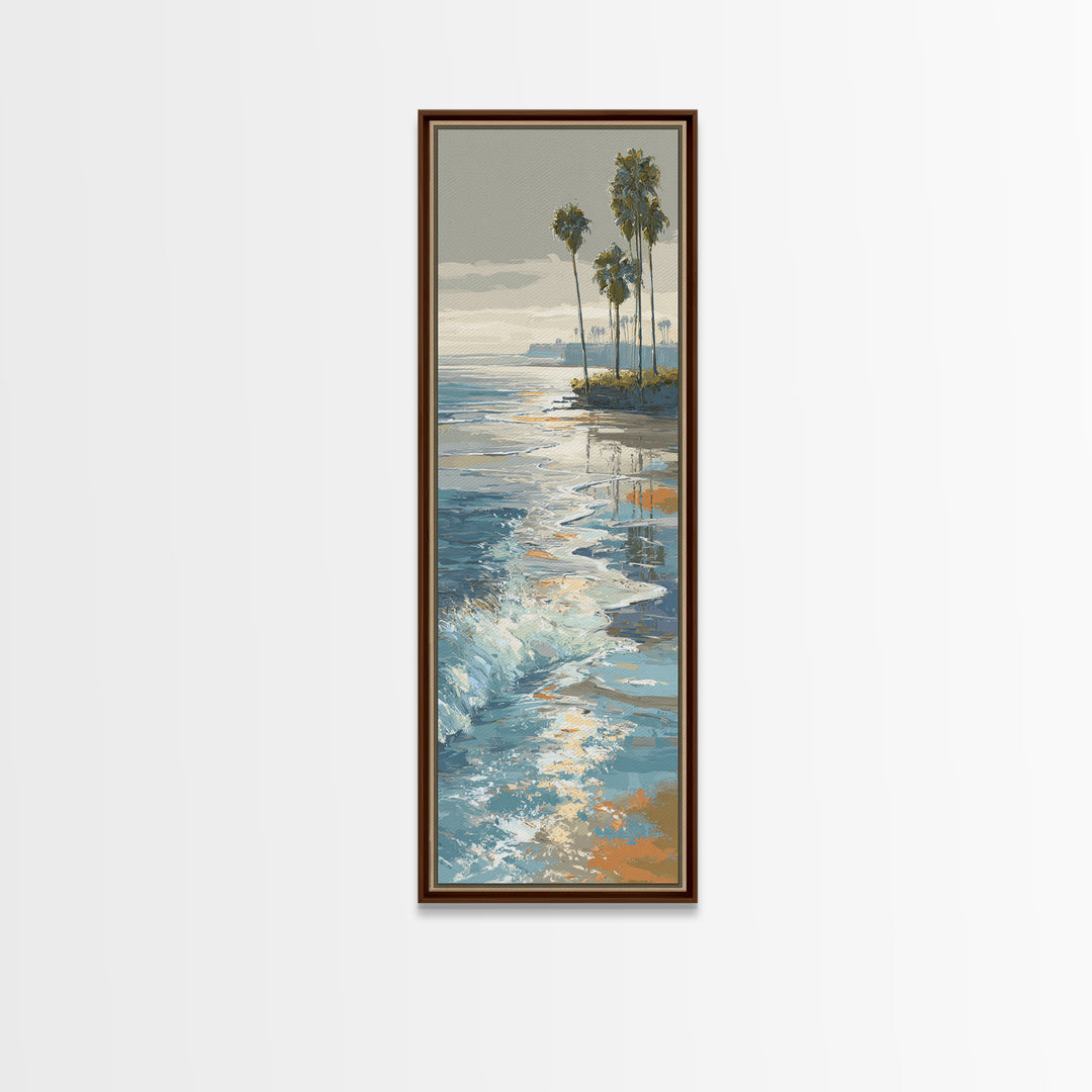 Moonlit Ocean with Silver Surf Framed Canvas Print, Coastal Art, Living Room Art, Coastal Decor, Watercolor Art, Coastal, COA-1x3-58