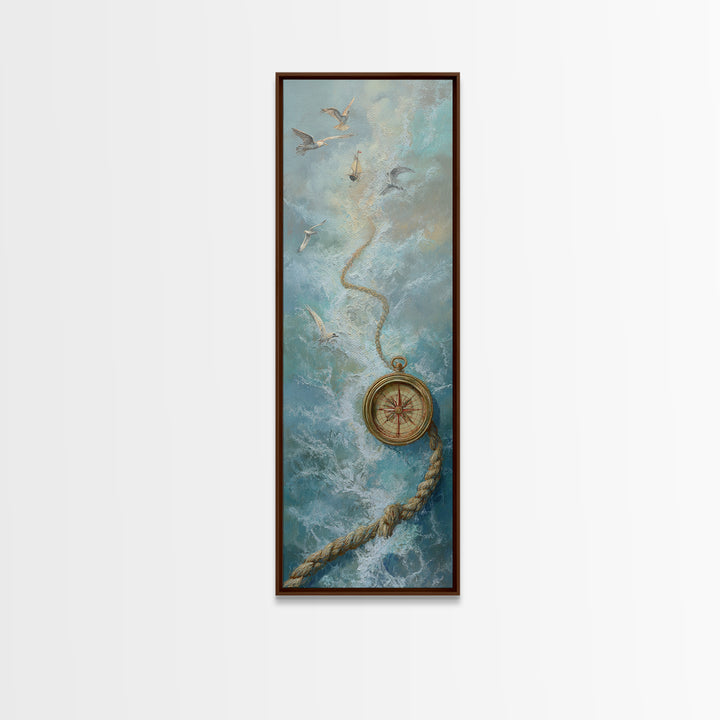 Weathered Nautical Rope and Brass Compass Framed Canvas Print, Coastal Art, Coastal Decor, Fine Art, Coastal, Fine Art Print, COA-1x3-75