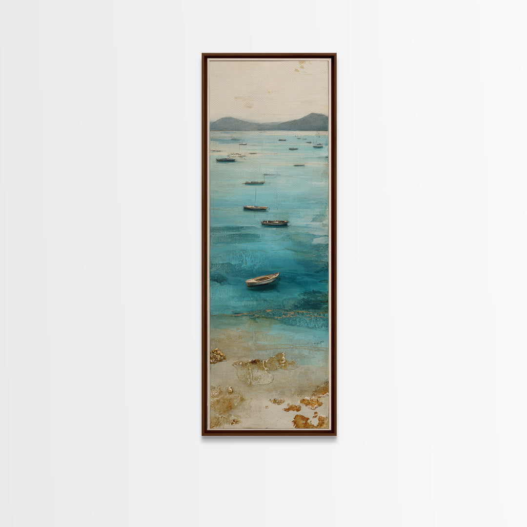 Foggy Harbor with Distant Boats Framed Canvas Print, Coastal Art, Beach Decor, Coastal Decor, Abstract Art, Coastal, COA-1x3-96