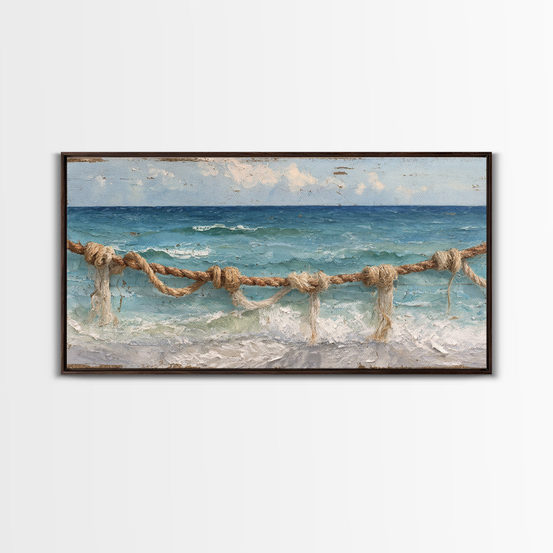 Weathered Nautical Rope and Brass Compass Framed Canvas Print, Coastal Art, Coastal Decor, Oil Painting, Coastal, COA-2x1-35