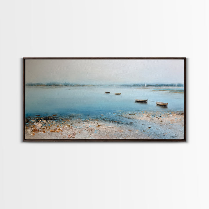 Foggy Harbor with Distant Boats Framed Canvas Print, Coastal Art, Original Painting, Coastal Decor, Fine Art, Coastal, COA-2x1-56