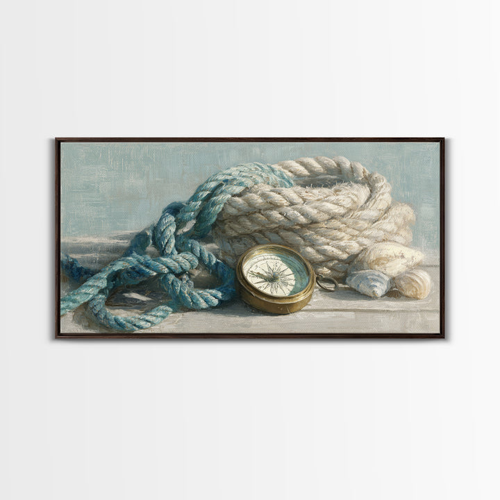 Weathered Nautical Rope and Brass Compass Framed Canvas Print, Coastal Art, Landscape Painting, Coastal Decor, Watercolor Art, COA-2x1-59