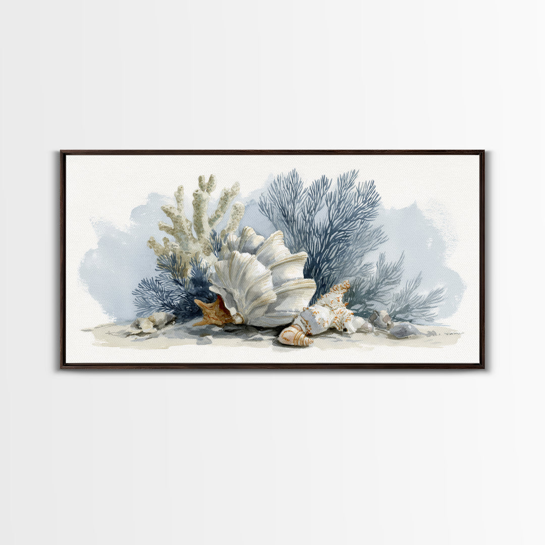 Shell and Coral Specimen Arrangement Framed Canvas Print, Coastal Art, Wall Decor, Coastal Decor, Coastal, Nautical Decor, COA-2x1-7