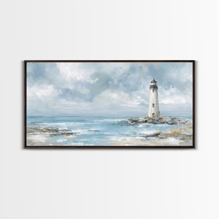 Whitewashed Lighthouse Against Cloudy Sky Canvas Print, Coastal Art, Printable Wall Art, Coastal Decor, Watercolor Art, Coastal, COA-2x1-98