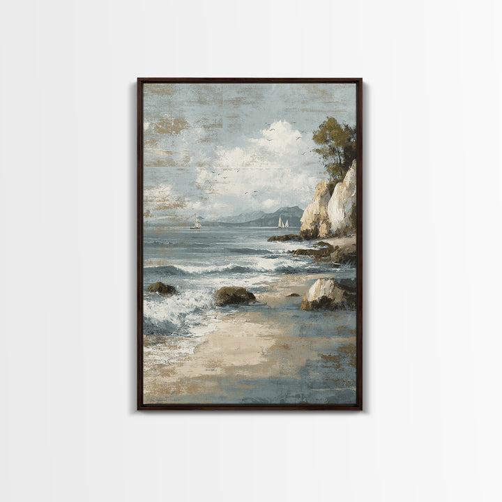 Mediterranean Cove with Cliff Shadows Framed Canvas Print, Coastal Art, Wall Art, Coastal Decor, Fine Art, Coastal, Bird Art, COA-2x3-1