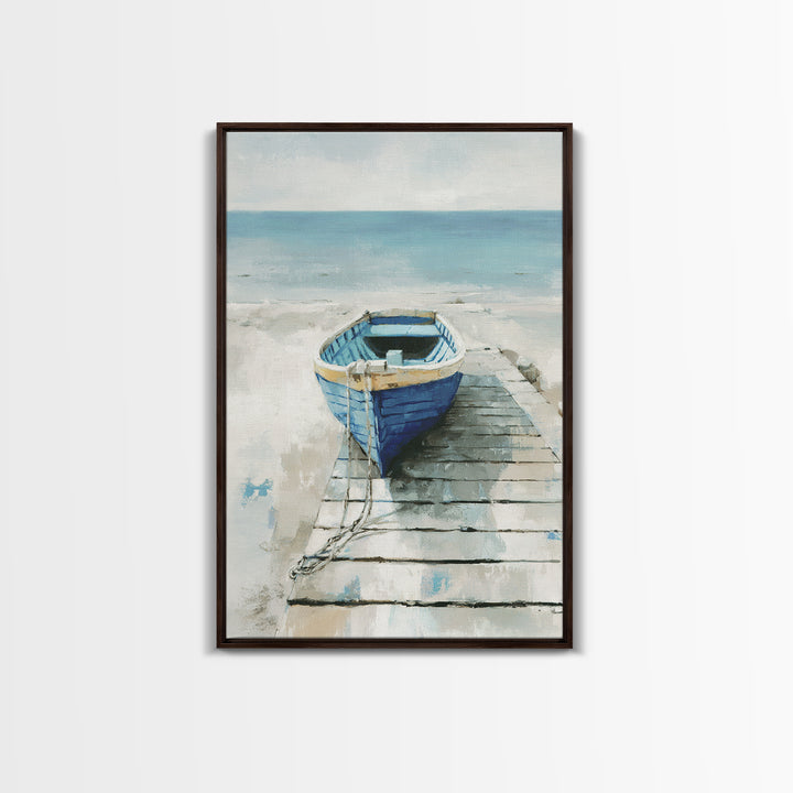 Small Rowboat Tied to a Wooden Dock Framed Canvas Print, Coastal Art, Room Decor, Coastal Decor, Oil Painting, Coastal, COA-2x3-51