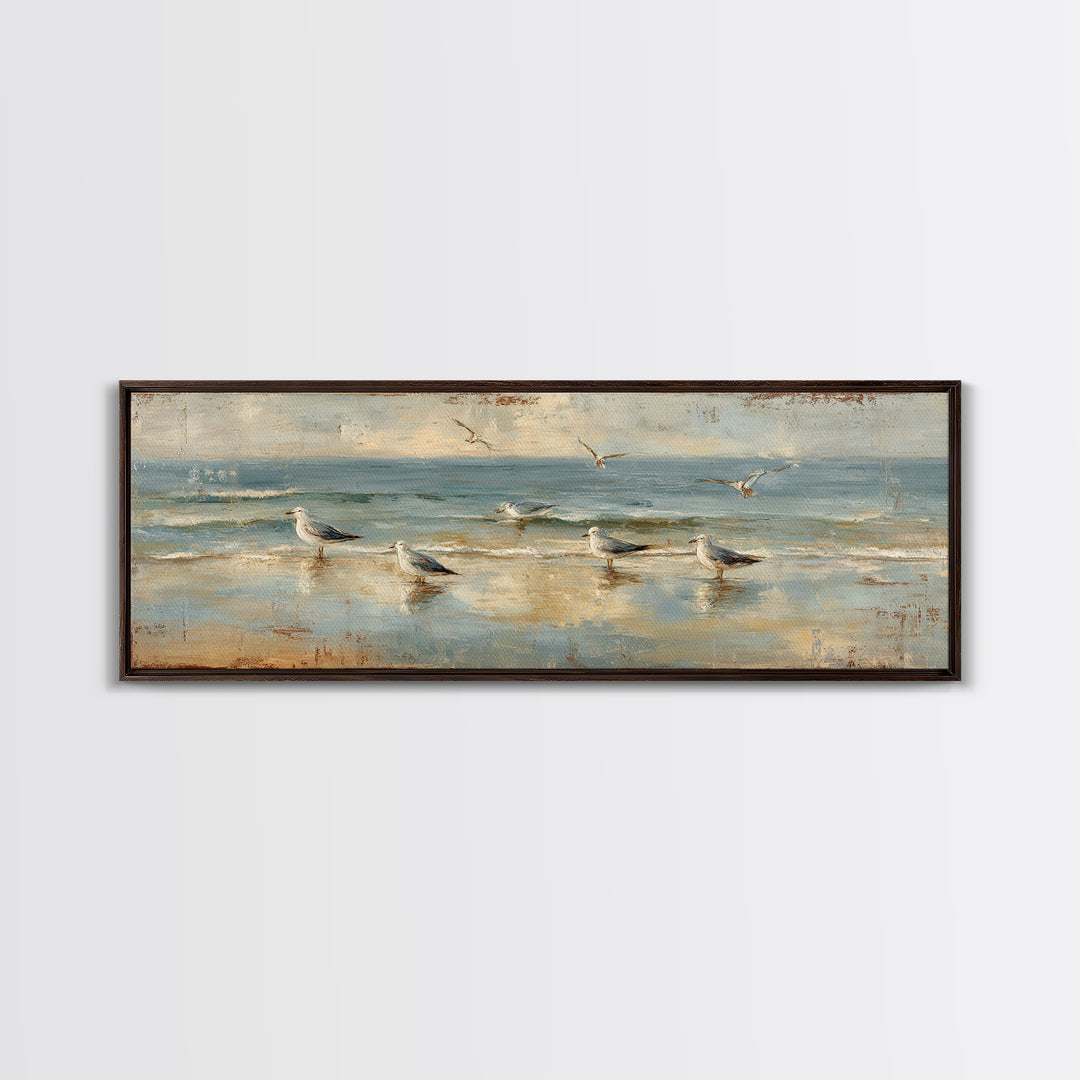 Seagulls Crossing a Muted Sky Framed Canvas Print, Coastal Art, Original Painting, Coastal Decor, Coastal, Beach Decor, COA-3x1-2