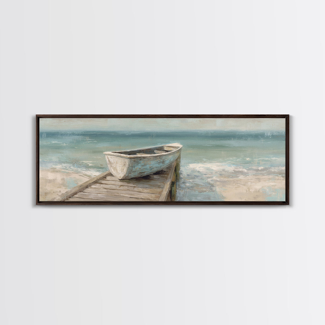 Small Rowboat Tied to a Wooden Dock Framed Canvas Print, Coastal Art, Wall Art, Coastal Decor, Fine Art, Coastal, Bird Art, COA-3x1-59