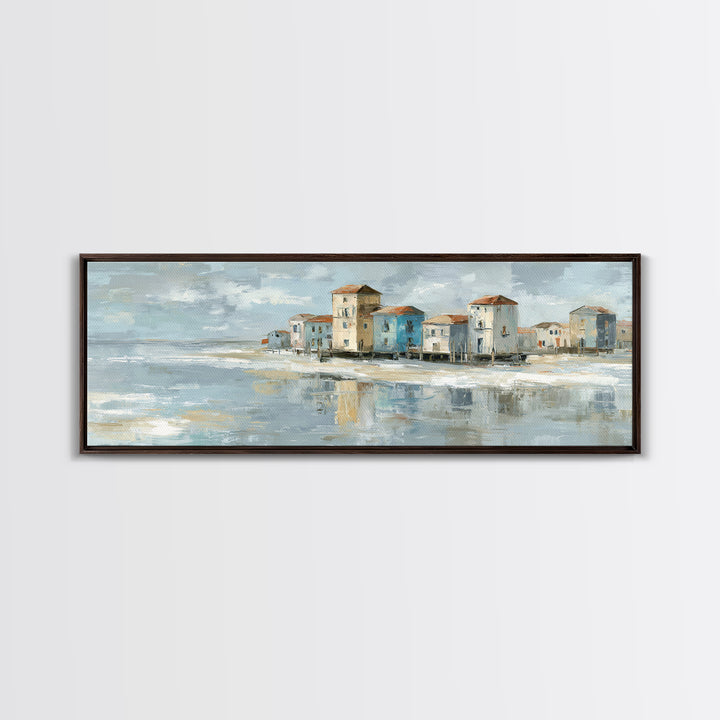 Coastal Village Rooftops Seen from the Sea Framed Canvas Print, Coastal Art, Living Room Art, Coastal Decor, Fine Art, Coastal, COA-3x1-73