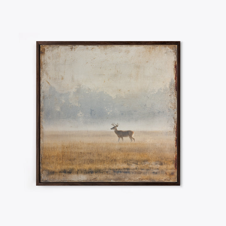 Deer Crossing a Misty Morning Field Framed Canvas Print, Country Art, Large Wall Art, Farmhouse Decor, Fine Art, Country, COU-1x1-11
