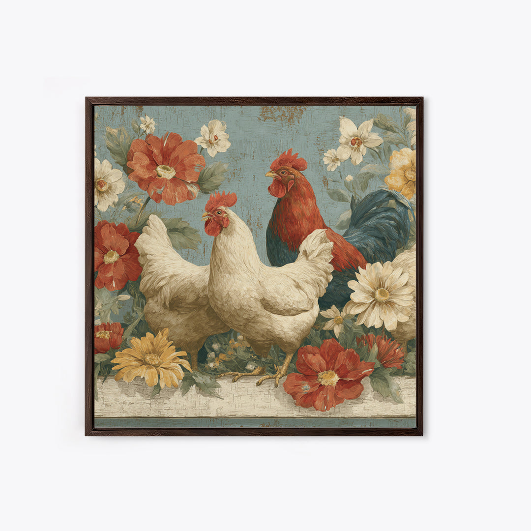 Chickens Pecking Near Garden Flowers Canvas Print, Country Art, Digital Art Prints, Farmhouse Decor, Fine Art, Country, COU-1x1-14