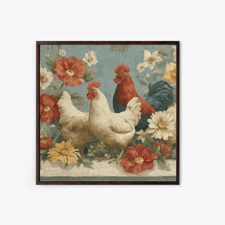 Chickens Pecking Near Garden Flowers Canvas Print, Country Art, Digital Art Prints, Farmhouse Decor, Fine Art, Country, COU-1x1-14