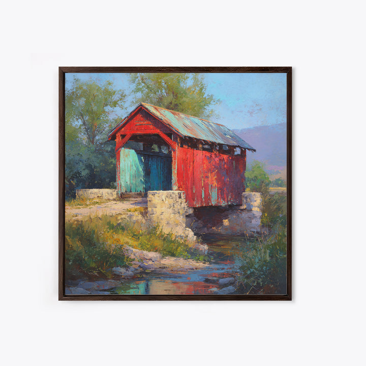 Covered Bridge over a Quiet Creek Canvas Print, Country Art, Farmhouse Decor, Oil Painting, Country, French Country Decor, COU-1x1-15