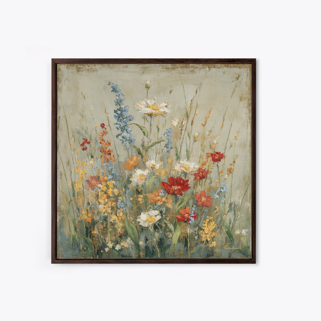 Wildflower Meadow Beside an Old Fence Framed Canvas Print, Country Art, Watercolor Painting, Farmhouse Decor, Oil Painting, COU-1x1-2