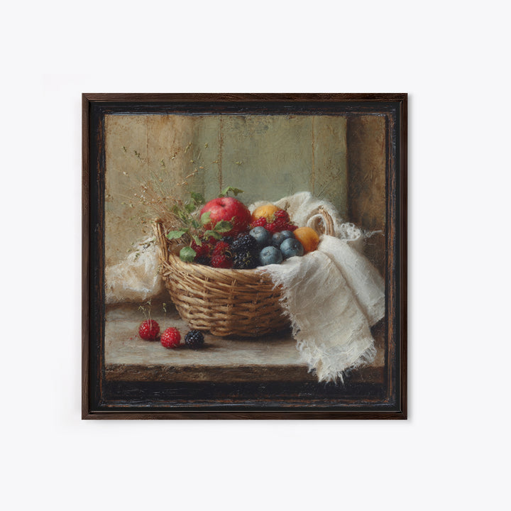 Blackberry Basket with Linen Cloth Framed Canvas Print, Country Art, French Country, Farmhouse Decor, Fine Art, Country, COU-1x1-21