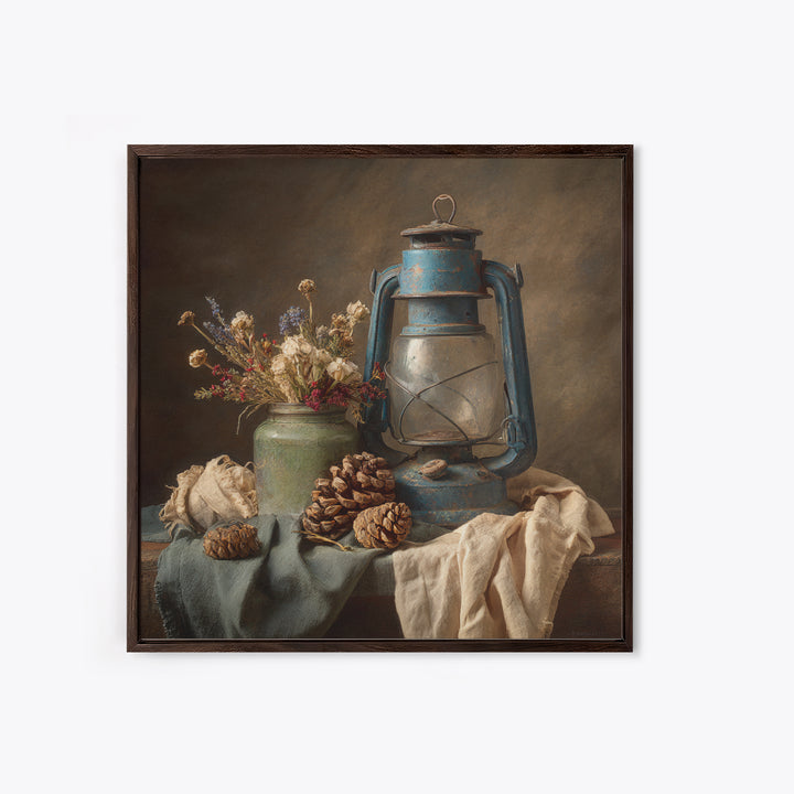 Old Lantern and Pinecones Still Life Framed Canvas Print, Country Art, Landscape Painting, Farmhouse Decor, Watercolor Art, COU-1x1-24