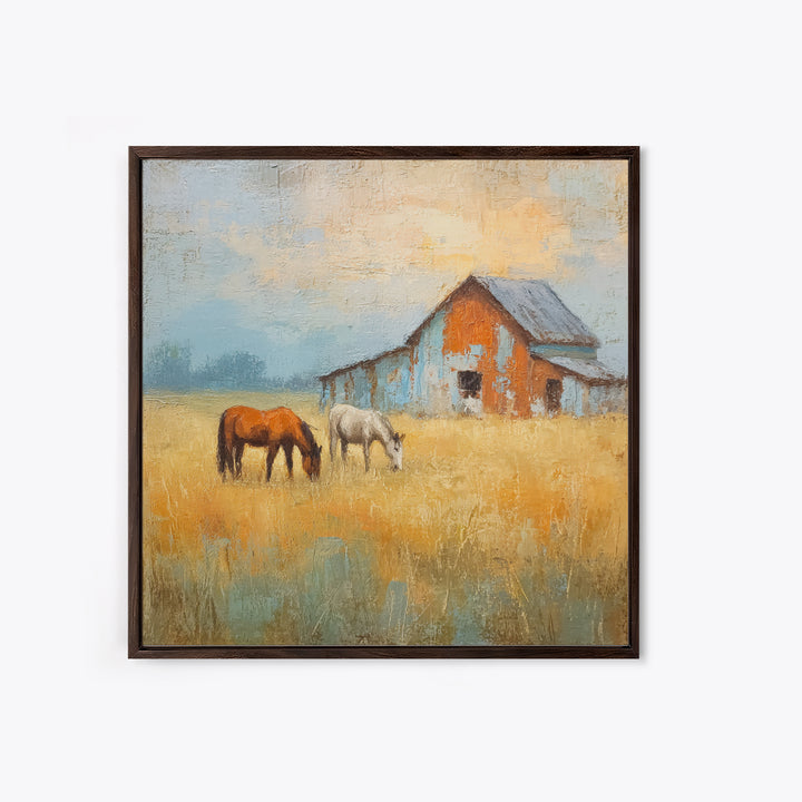 Rolling Pasture with Grazing Horses at Sunrise Canvas Print, Country Art, Neutral Decor, Farmhouse Decor, Fine Art, Country, COU-1x1-25