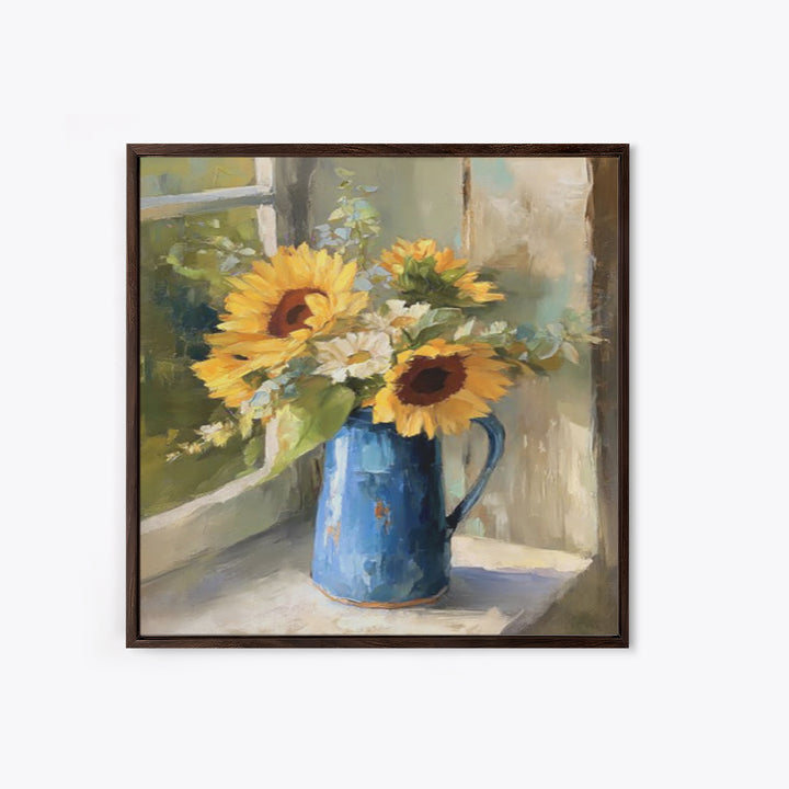 Sunflowers in a Blue Enamel Pitcher Framed Canvas Print, Country Art, Gallery Decor, Farmhouse Decor, Fine Art, Country, COU-1x1-32