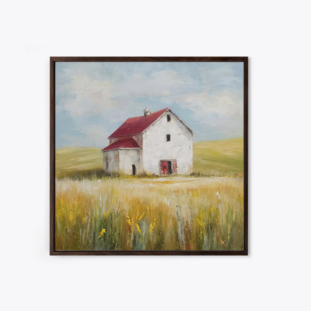 White Farmhouse Surrounded by Tall Grass Framed Canvas Print, Country Art, French Country, Farmhouse Decor, Watercolor Art, COU-1x1-34