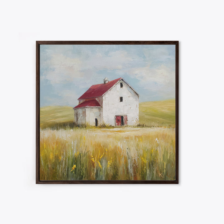 White Farmhouse Surrounded by Tall Grass Framed Canvas Print, Country Art, French Country, Farmhouse Decor, Watercolor Art, COU-1x1-34